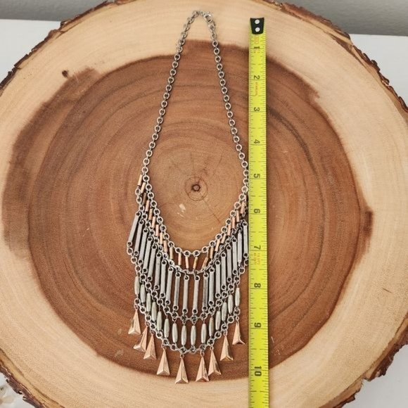 Distressed silver/gold tone Bib Fringe Statement Necklace - Picture 6 of 6